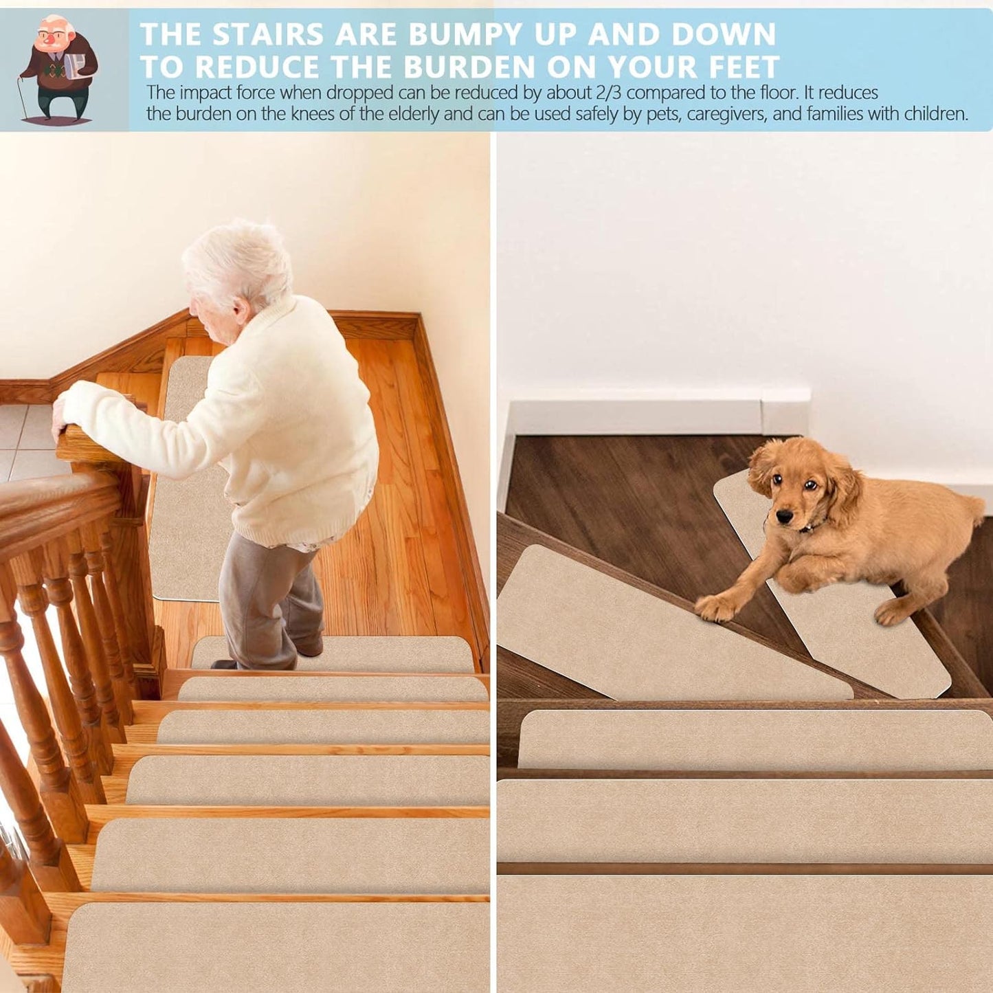 8" X 30" (15 in Pack) Non-Slip Stair Treads Carpet for Wooden Steps, Self-Adhesive Stair Treads Mat, Safety Indoor Stair Runner Mats, anti Slip Stair Rugs for Kids Elders and Dogs，Beige