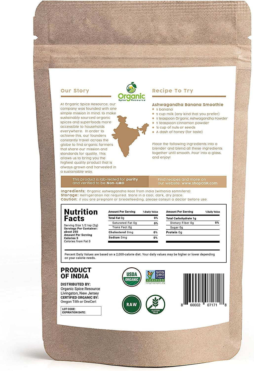 Organic Ashwagandha Root Powder - 1.10 Lbs (17.64 Oz) | Resealable Kraft Bag,Non-Gmo, Indian Ginseng, Withania Somnifera -100% Raw from India, by SHOPOSR TLBH