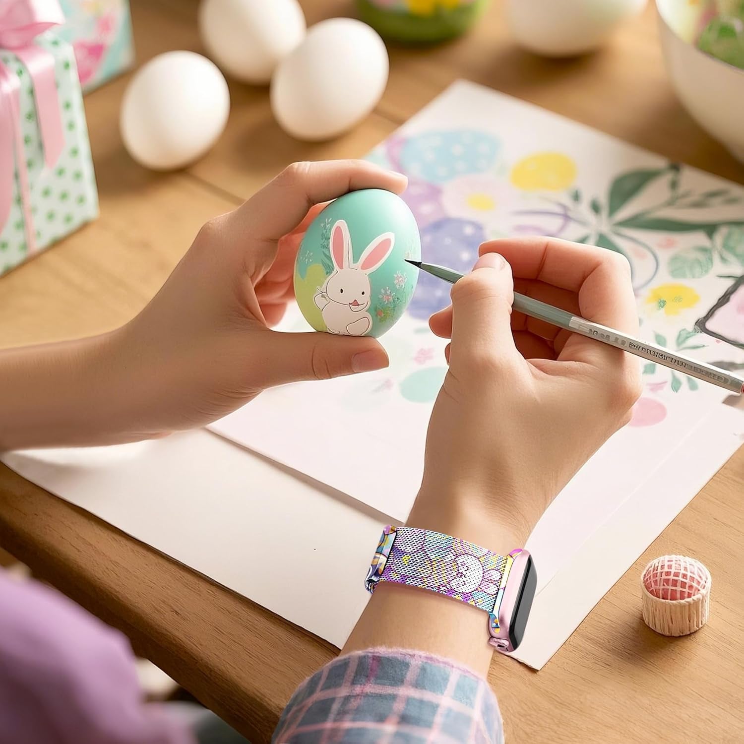 Magnetic Metal Easter Apple Watch Bands for Women Men 41Mm 42Mm 44Mm 45Mm 46Mm 49Mm 38Mm 40Mm, Valentine Holiday Milanese Loop Strap for Apple Watch Series 10 9 SE 8 7 6 5 4 3 2 1 Ultra 2 1-Purple Easter Eggs & Rabbit