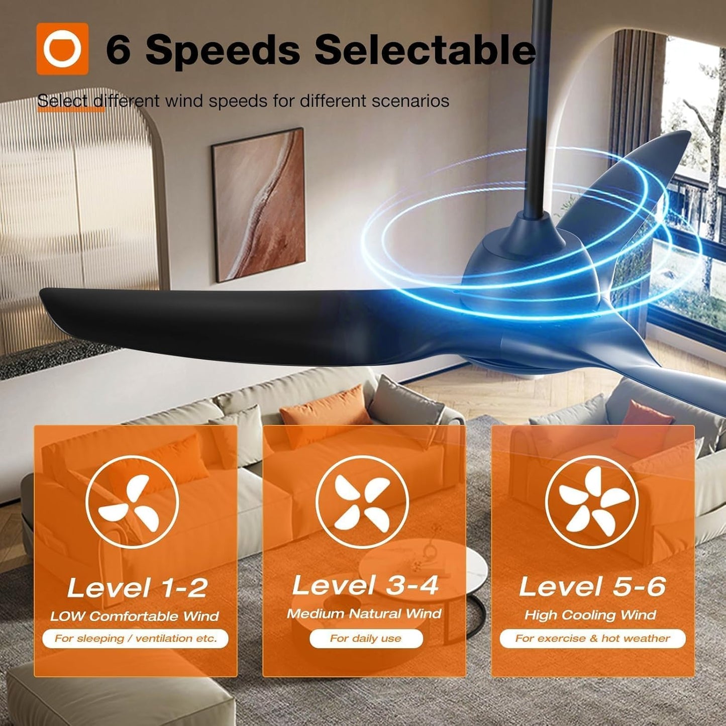 Ceiling Fans with Lights, 52 Inch Smart Ceiling Fan with Remote/App/Alexa Control, Reversible DC Motor, 6 Speeds, 3CCT Dimmable, Noiseless, Black Ceiling Fan for Bedroom, Farmhouse