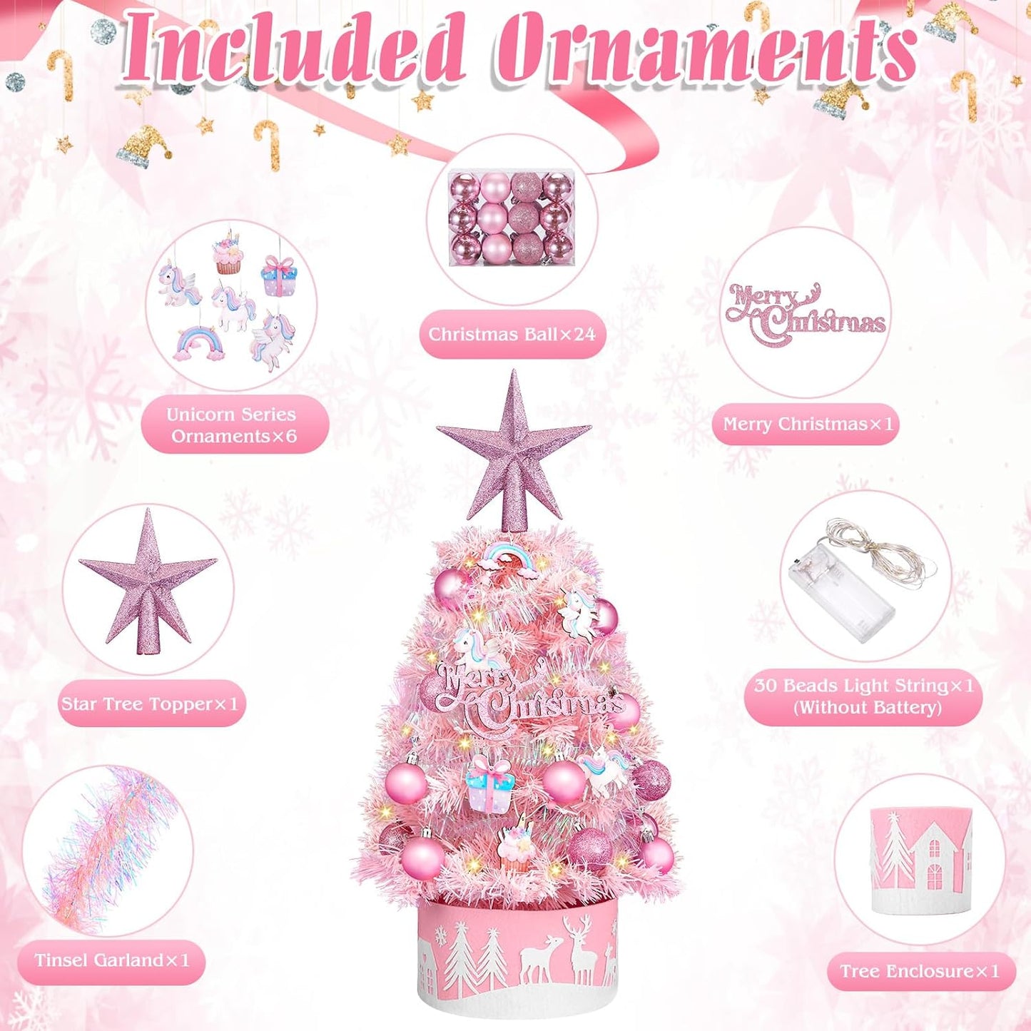 Tabletop Christmas Tree 24-Inch Mini Christmas Tree with LED String Lights, Star Treetop, Hanging Ornaments, Tabletop Small Xmas Tree for Holiday Indoor DIY Christmas Decor Pink