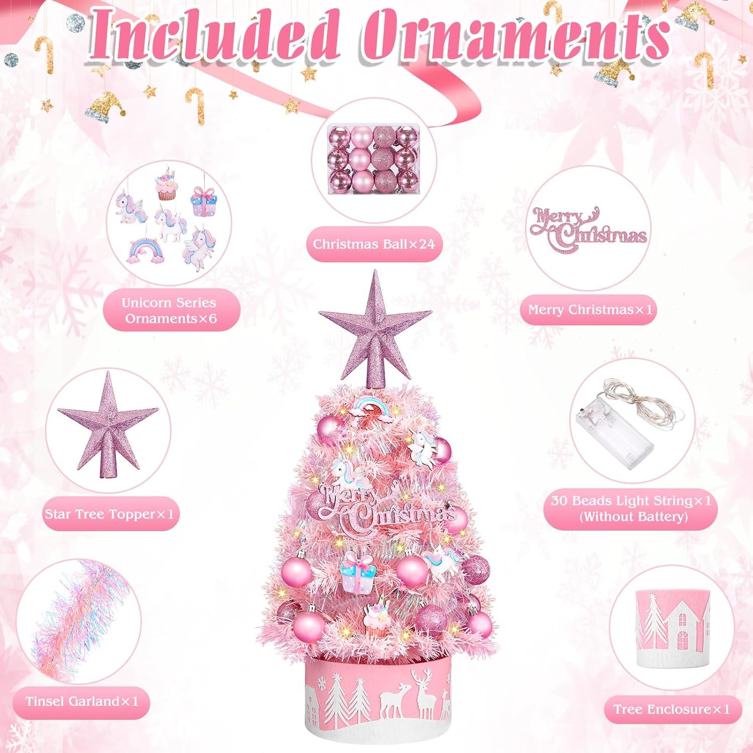 Tabletop Christmas Tree 24-Inch Mini Christmas Tree with LED String Lights, Star Treetop, Hanging Ornaments, Tabletop Small Xmas Tree for Holiday Indoor DIY Christmas Decor Pink
