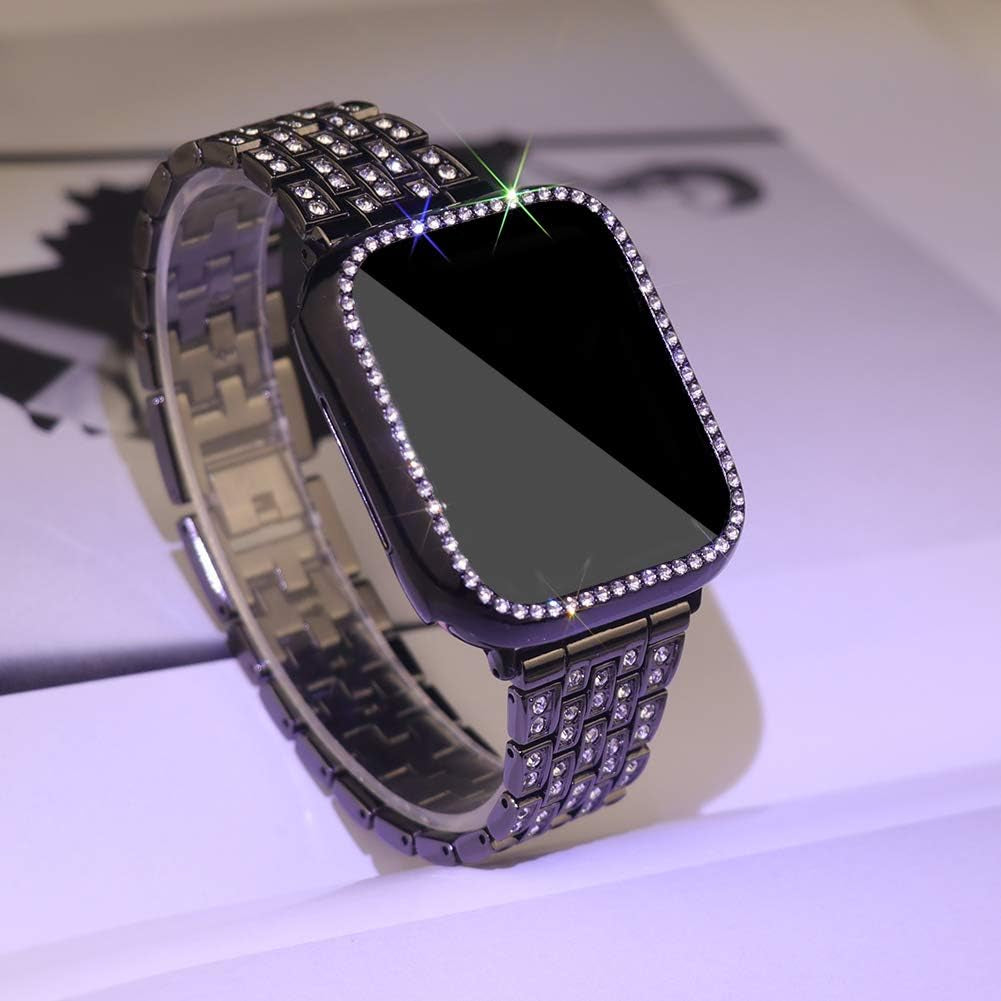 Compatible with Apple Watch Band 38Mm 40Mm 41Mm 42Mm 44Mm 45Mm 49Mm+ Case, Women Jewelry Bling Diamond Rhinestone Replacement Metal Strap& 2 Pack PC Protector Case for Iwatch Ultra 2/ Ultra Series 9/8/7/6/5/4/3/2/1/SE