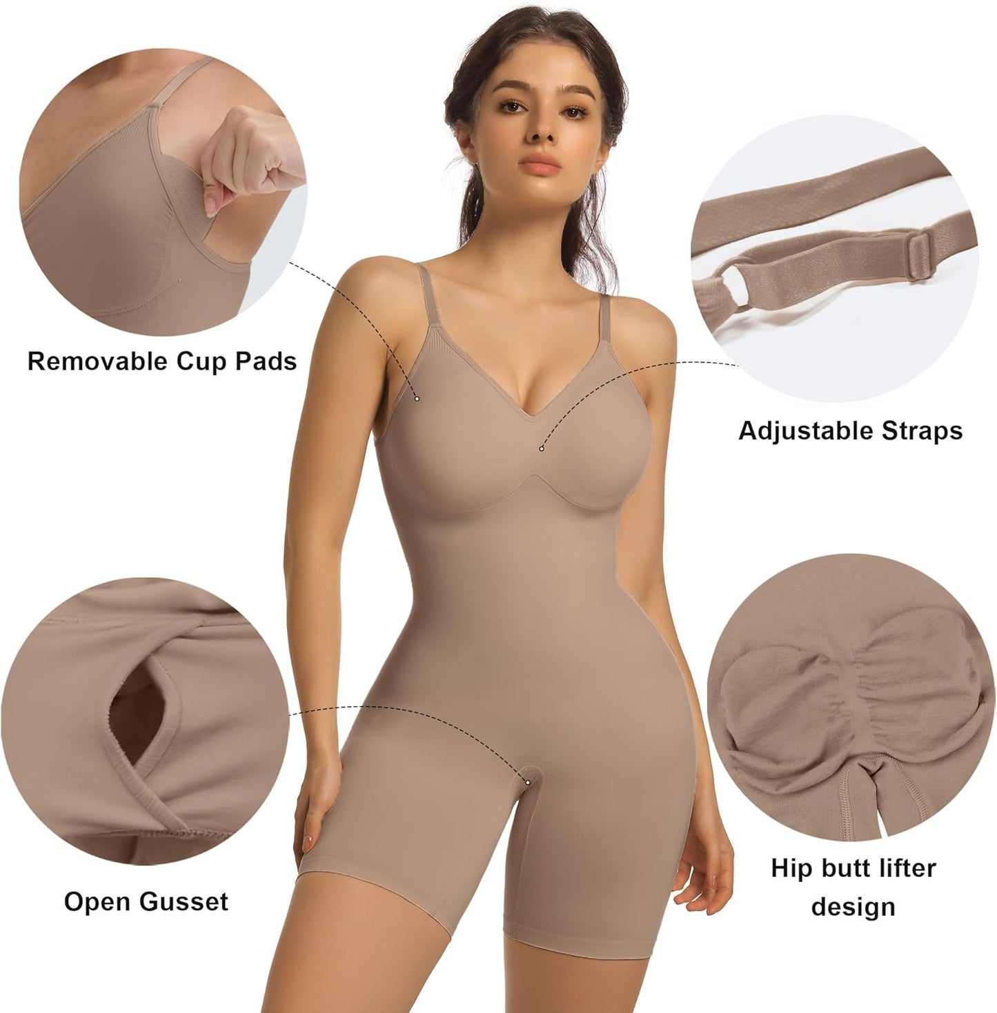 Women'S Bra Free Bodysuits Tummy Control Shapewear Mid Thigh Body Shaper with Removable Pads