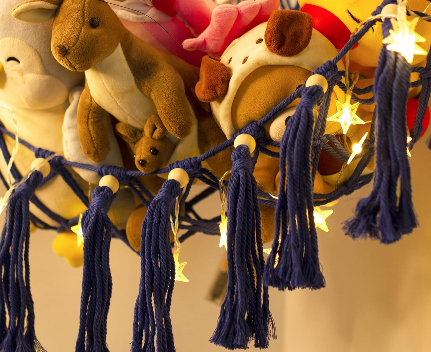 Stuffed Animal Toy Storage Hammock with LED Light-Macrame Jumbo Doll Room Organizer Mesh Decoration-Hanging Storage Nets Kids Bedroom(Blue Beads)