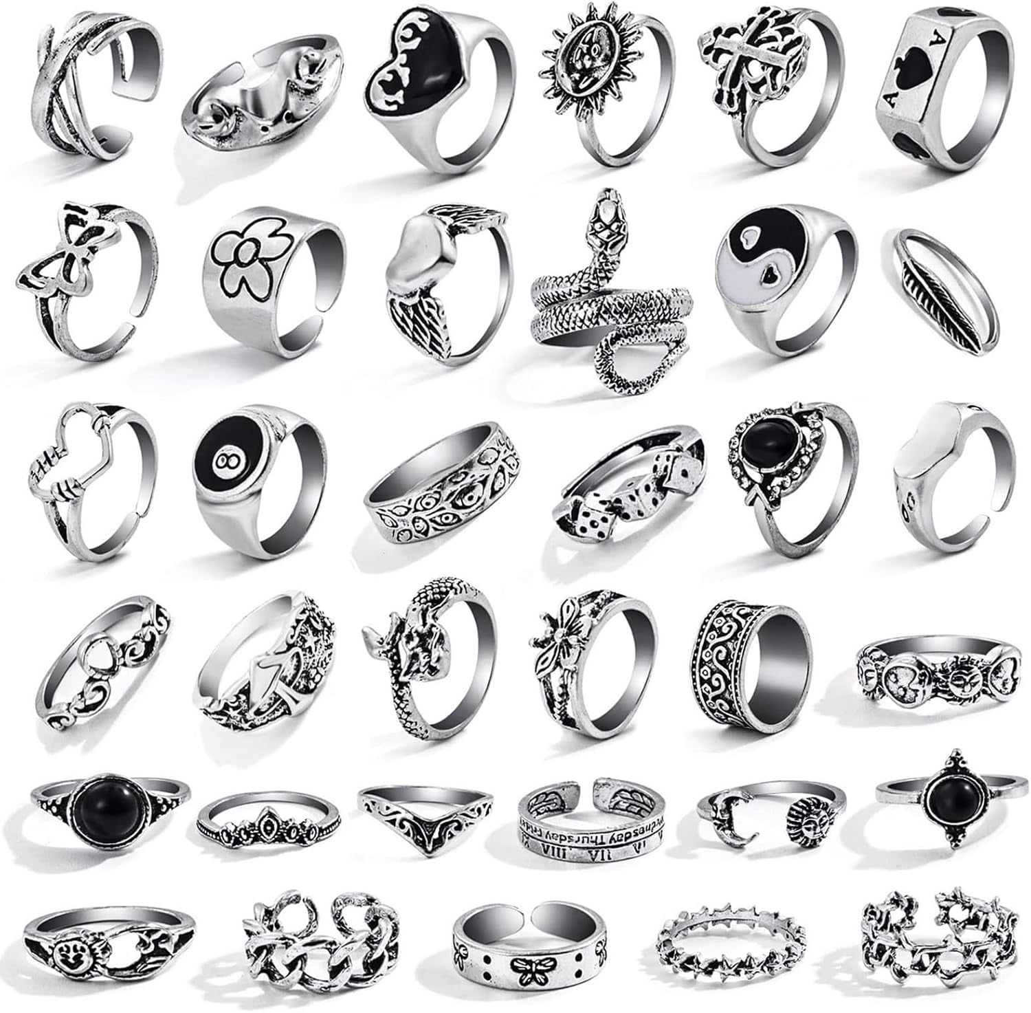 26-35 Pcs Vintage Silver Knuckle Rings Set for Women Men, Grunge Gothic Rings Chunky Aesthetic Snake Stackable Adjustable Punk Bulky Finger Alt Fairy Skull Frog Heart Star Flower Midi Ring Pack
