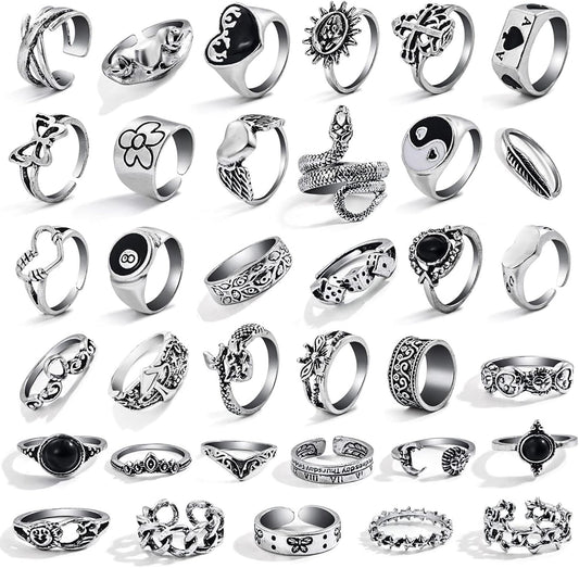 26-35 Pcs Vintage Silver Knuckle Rings Set for Women Men, Grunge Gothic Rings Chunky Aesthetic Snake Stackable Adjustable Punk Bulky Finger Alt Fairy Skull Frog Heart Star Flower Midi Ring Pack