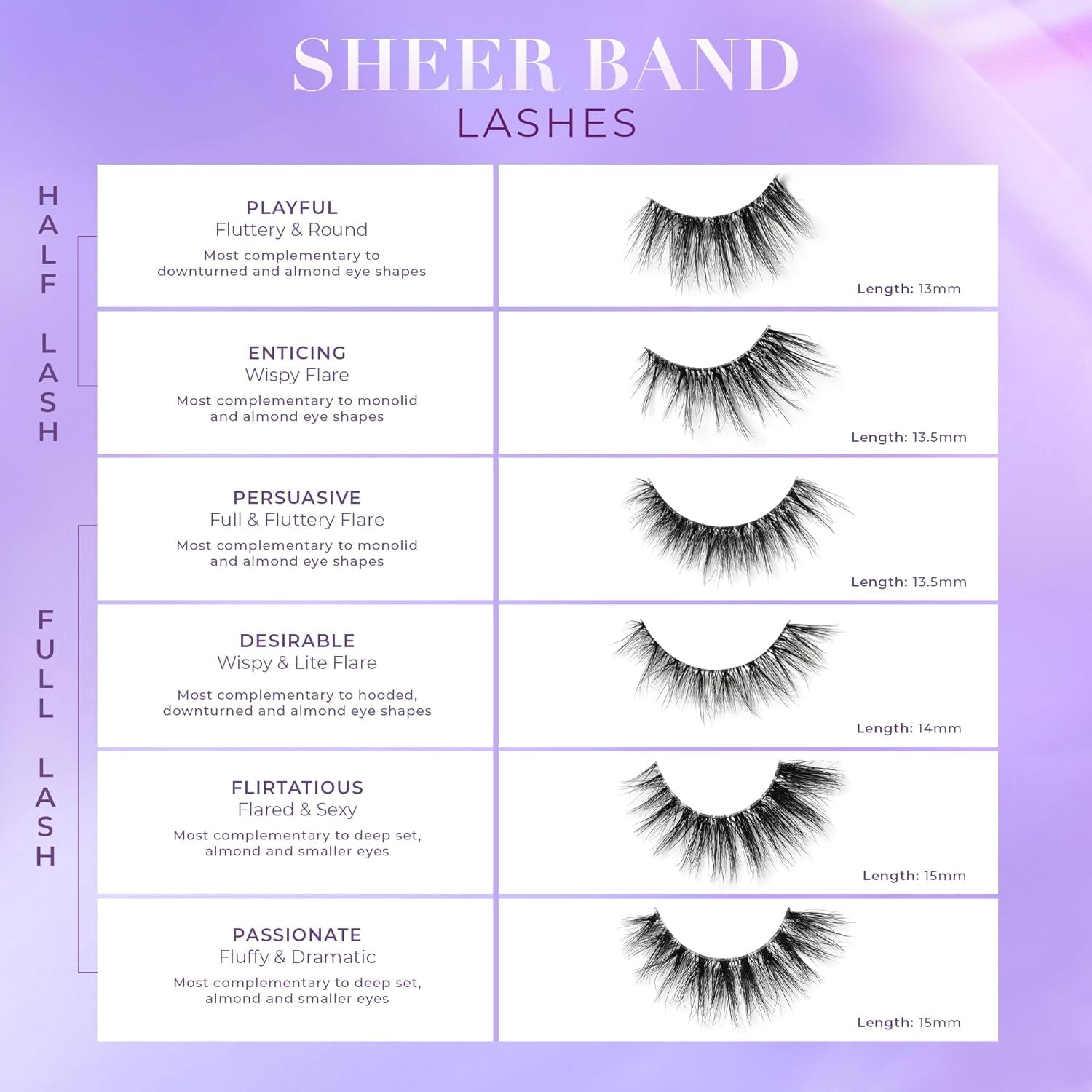 Sheer Band, False Eyelashes W/Invisible Band Lashes, False Lashes Natural Look, Wispy Lashes Style, Clear Band Lashes, Reusable Eyelashes 20X, Lash Glue Not Included, 13.5Mm (Persuasive)
