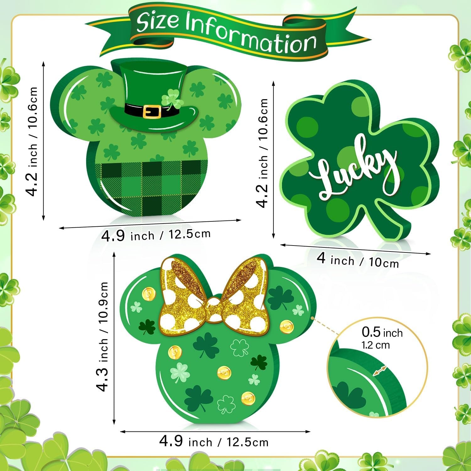 3Pcs St. Patrick'S Day Mouse Table Sign Decor, Shamrock Wooden Centerpieces Table Top Signs Tiered Tray Set for Happy St. Patrick'S Day Parties Indoor Irish Green Ornament Wood Home Decoration