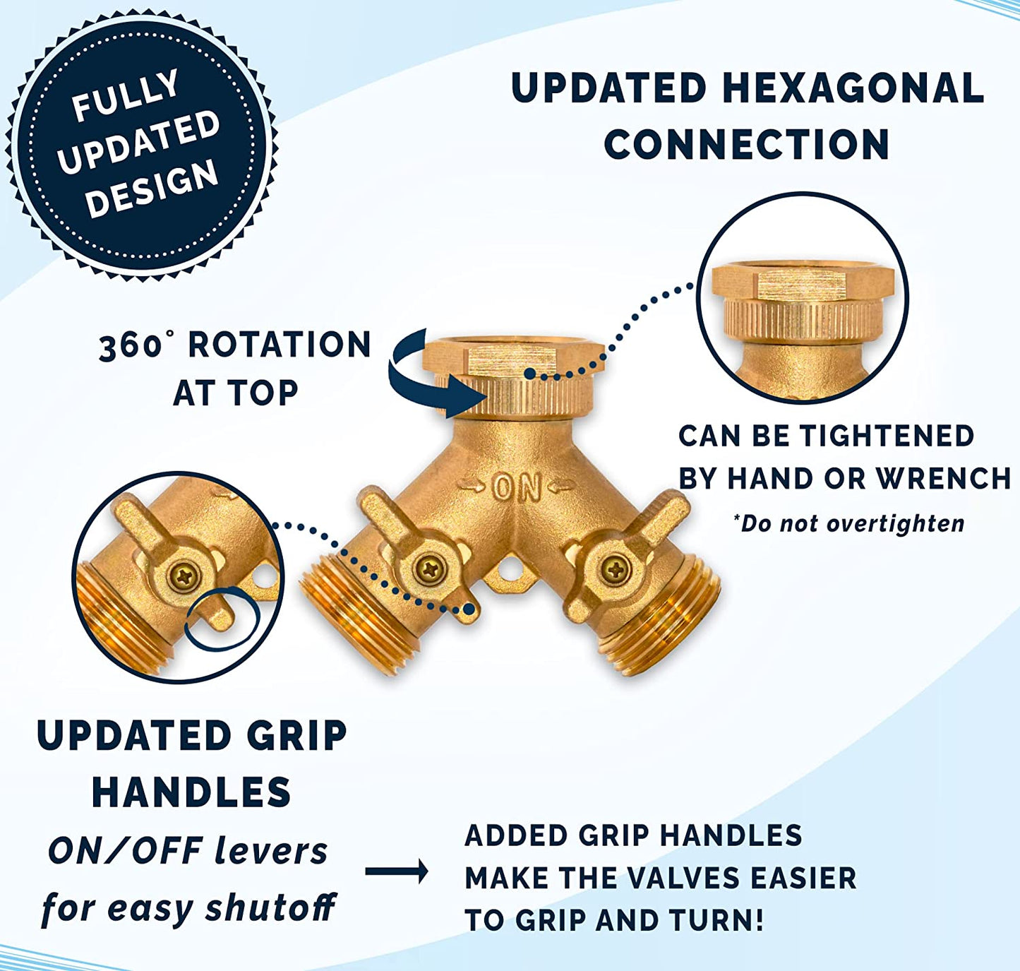 Heavy Duty Brass 2 Way Y Splitter Garden Hose Hexagonal Connector with Comfortable Grip Shut off Valves, Adapter for Water Tap, Outlet, & Spigot, Includes 2 Extra Rubber Washers & Teflon Tape