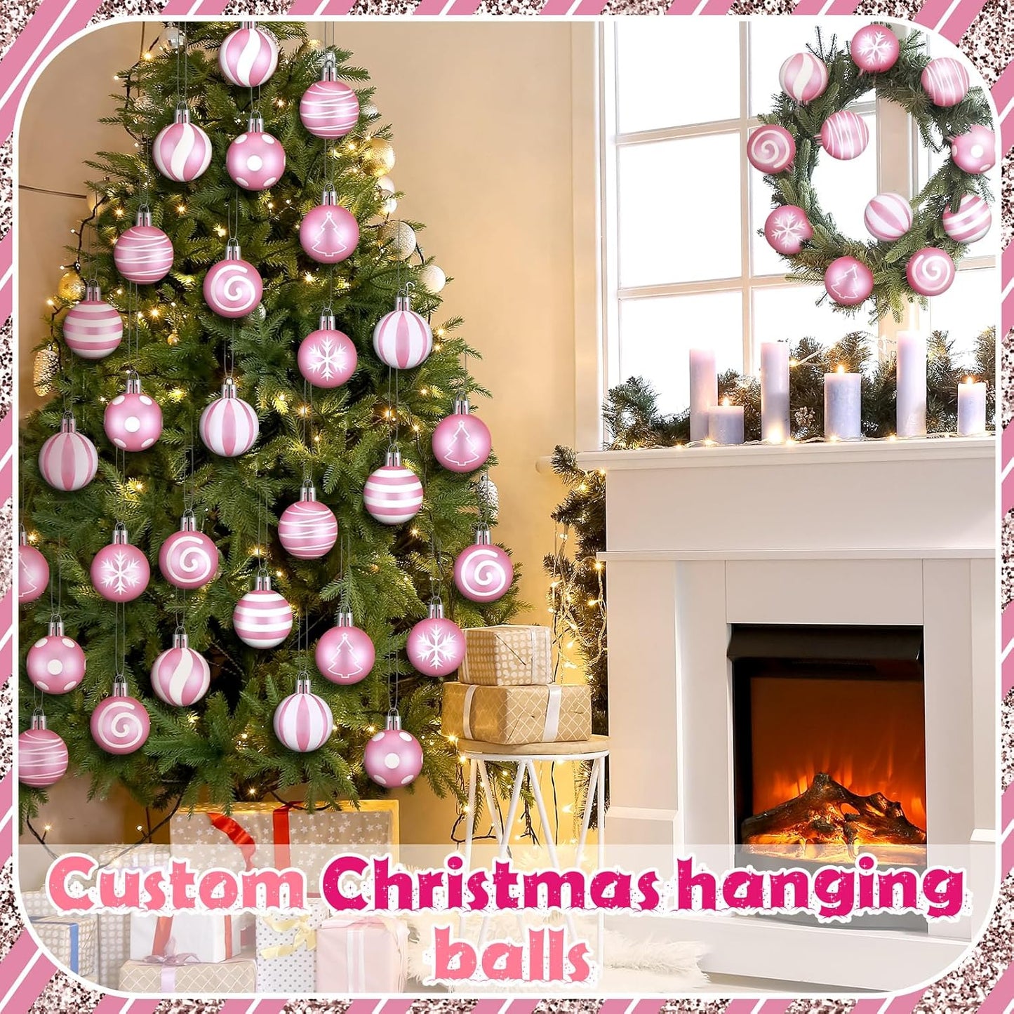 24 Pcs Pink and White Christmas Ball Ornaments 2.36 Inch Christmas Tree Decoration Ornaments Glitter Plastic Stripe Dot Snowflake Hanging Ball Christmas Decorations for Home Indoor Outdoor