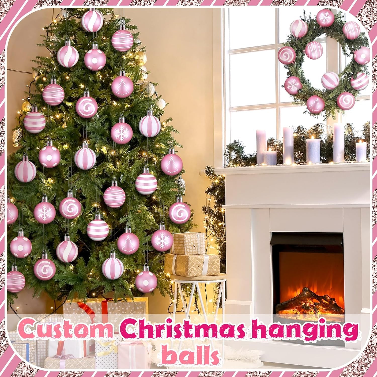 24 Pcs Pink and White Christmas Ball Ornaments 2.36 Inch Christmas Tree Decoration Ornaments Glitter Plastic Stripe Dot Snowflake Hanging Ball Christmas Decorations for Home Indoor Outdoor