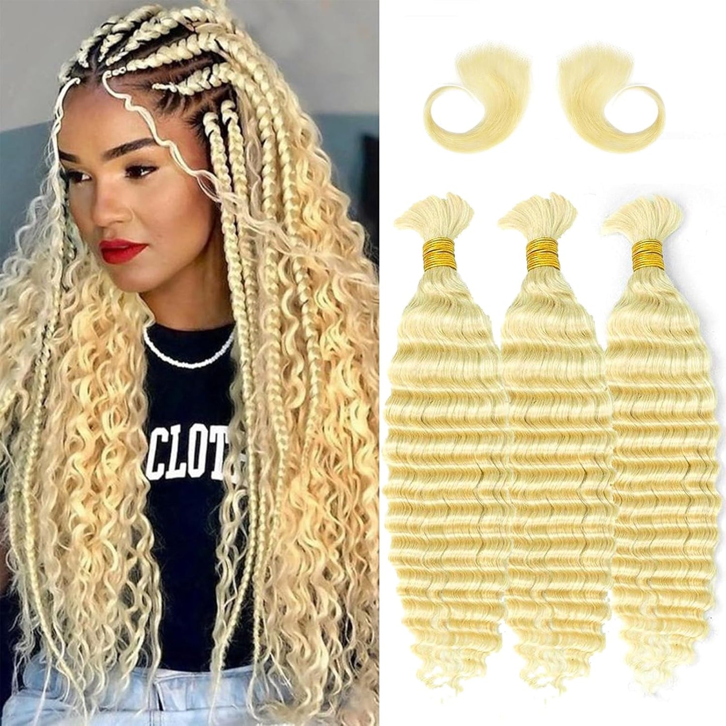 Langer 613 Blonde Human Braiding Hair Deep Wave Bulk Human Hair for Braiding No Weft Bundle 150G 3 Bundles/Pack 16A Brazilian Virgin Water Curly Human Hair Extensions for Braids Human Hair 18 Inch