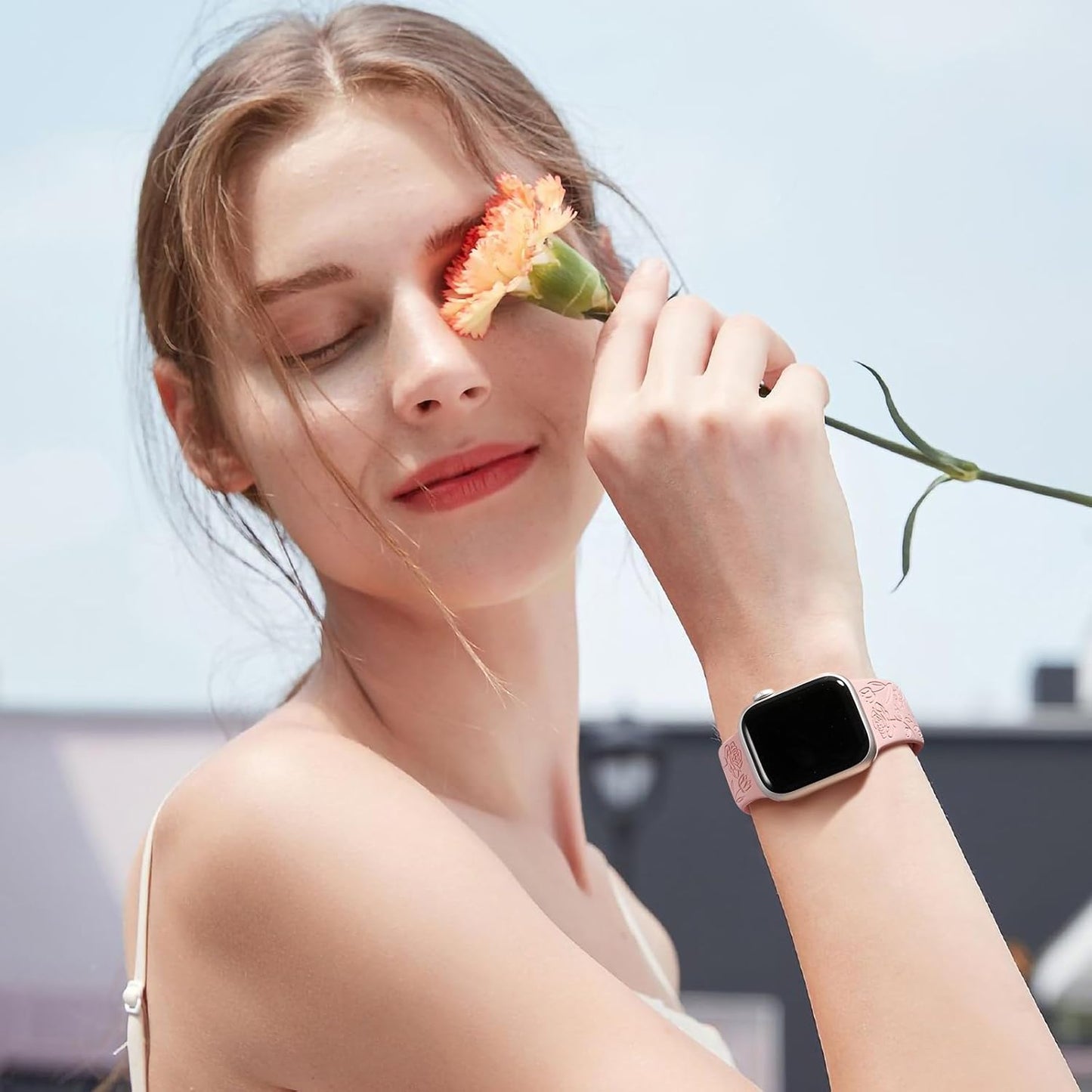 4 Pack Floral Engraved Band Compatible with Apple Watch Band 38Mm 40Mm 41Mm 42Mm 44Mm 45Mm 46Mm 49Mm Women,Soft Silicone Cute Flower Pattern Sport Strap for Iwatch Series 10 9 8 7 6 5 4 3 2 1 SE