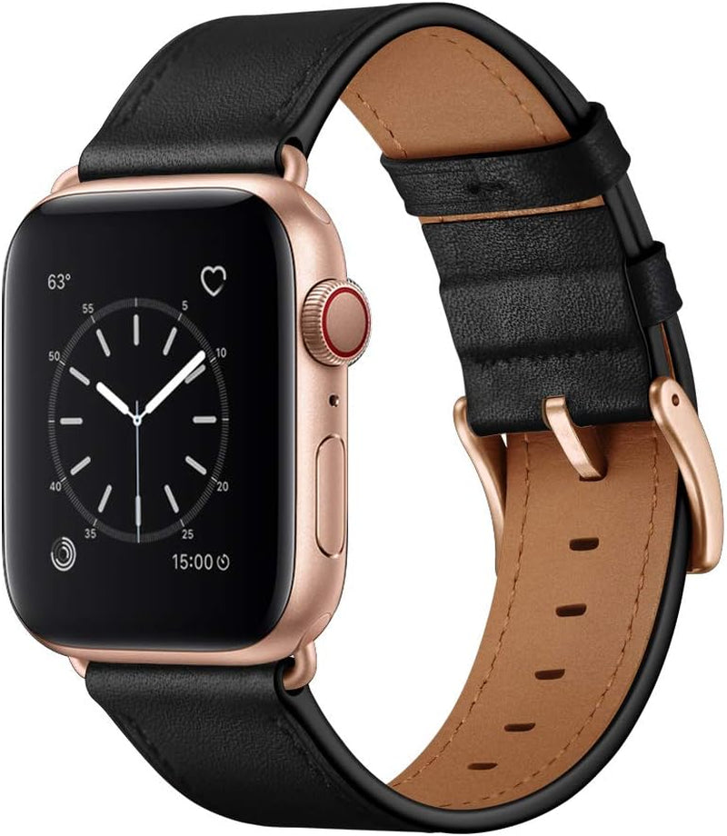 Compatible with Apple Watch Band 41Mm 40Mm 38Mm, Genuine Leather Band Replacement Strap Compatible with Apple Watch Series 9/8/7/6/5/4/3/2/1/SE2/SE, Black Band with Rose Gold Adapter