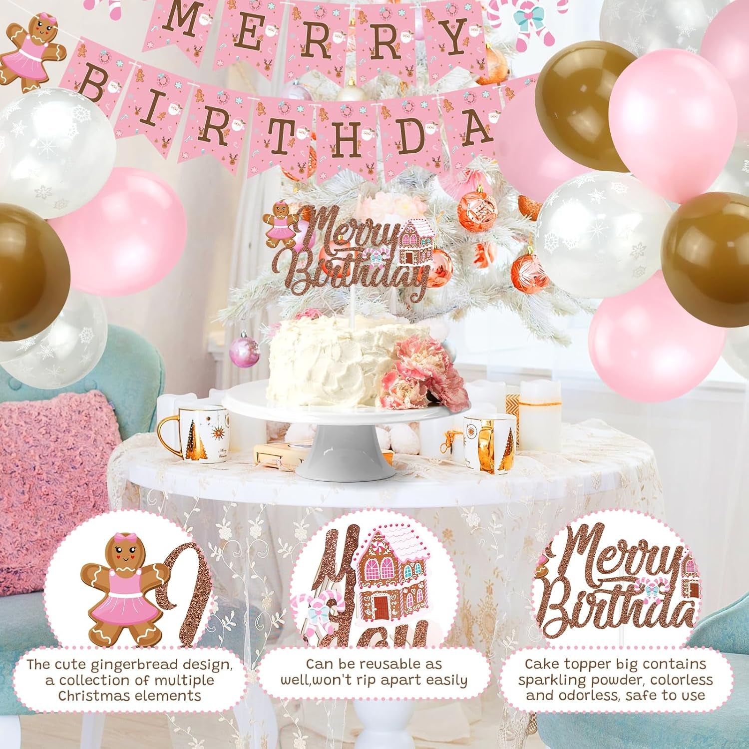 Pink Gingerbread Man Decorations,Christmas Merry Birthday Banner Cute Candy House Cake Topper Latex Balloons for Boys Girls Merry Birthday Birthday Party Supplies Baby Shower