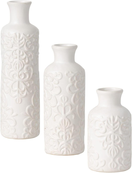 Small White Embossed Ceramic Vase Set of 3, Matte Finish, Vases for Decor, Modern Home, Centerpieces, Mantle, Tabletop, for Living Room, Bedroom, Kitchen, Entryway Decor