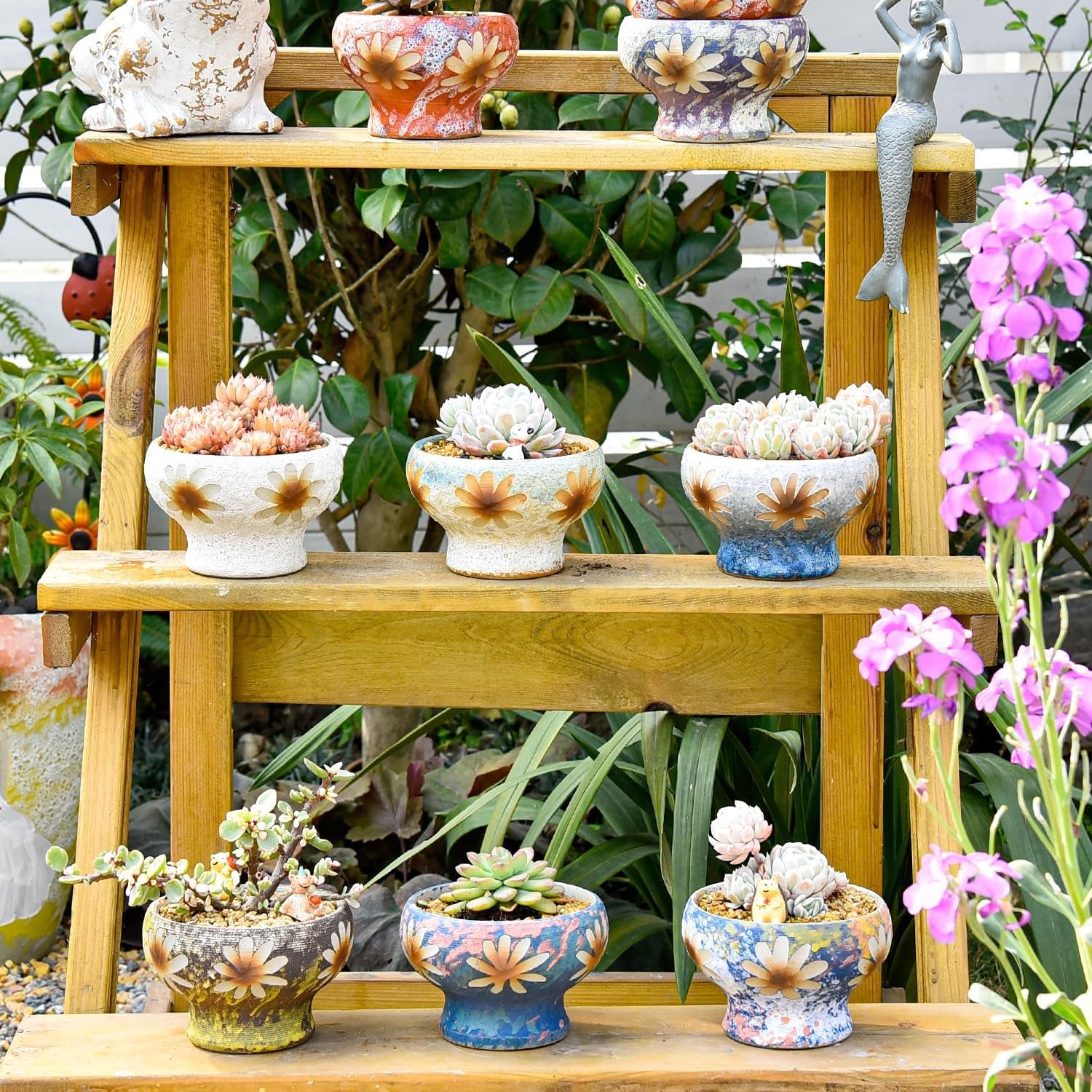 Small Succulent Planters Set of 3, Beautiful Hand Crafted Ceramic Plant Pots Cute Cactus Pot, 4.9 Inch Flower Pots for Indoor Plants with Drainage, Desktop Windowsill Home Office Decor Pots