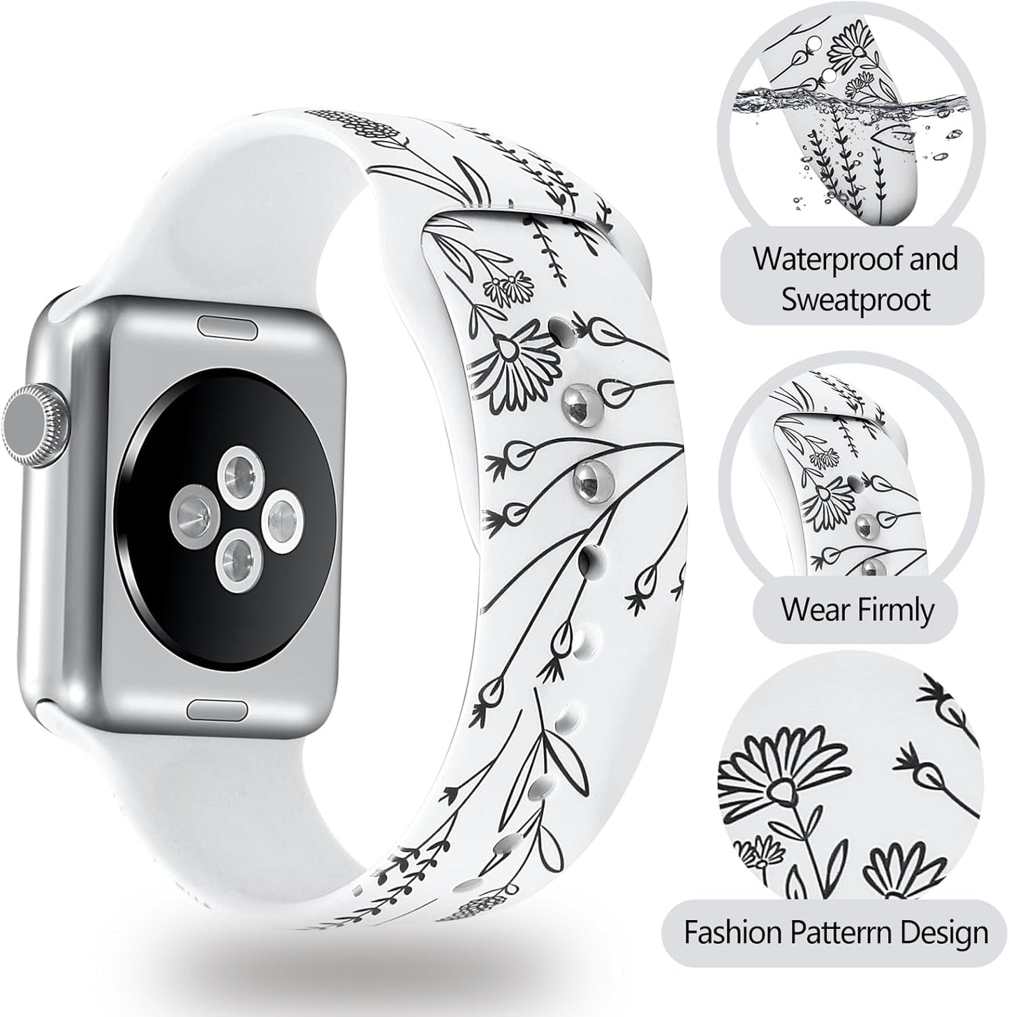 Compatible Apple Watch Band Women 38Mm 40Mm 41Mm 42Mm 44Mm 45Mm 49Mm, Women Floral Laser Soft Silicone Print Fade-Free Pattern Replacement Strap for Iwatch Ultra Series 8 7 6 5 4 3 2 1 SE