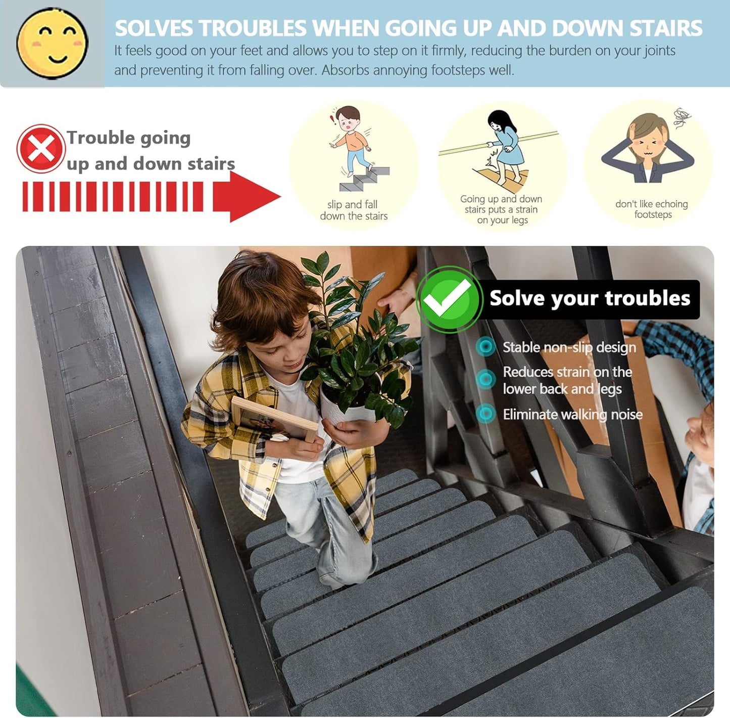 8" X 30" (15 in Pack) Non-Slip Stair Treads Carpet for Wooden Steps, Self-Adhesive Stair Treads Mat, Safety Indoor Stair Runner Mats, anti Slip Stair Rugs for Kids Elders and Dogs，Grey