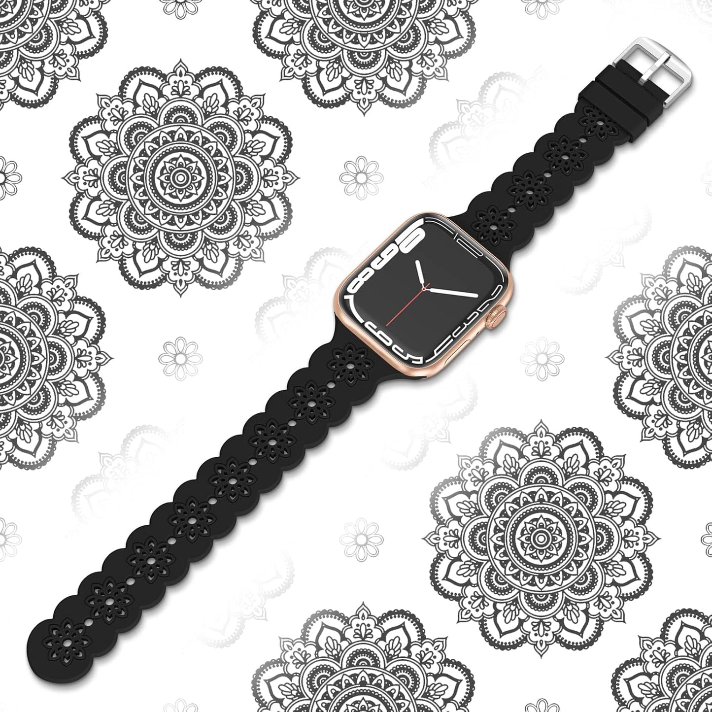 Floral Silicone Band Compatible with Apple Watch Bands 38Mm 40Mm 42Mm 44Mm 41Mm 45Mm 49Mm Women Men, Slim Hollow-Out Design Wristbands Soft Sport Breathable Watch Bands for Iwatch Ultra SE Series 9/8/7/6/5/4/3/2/1