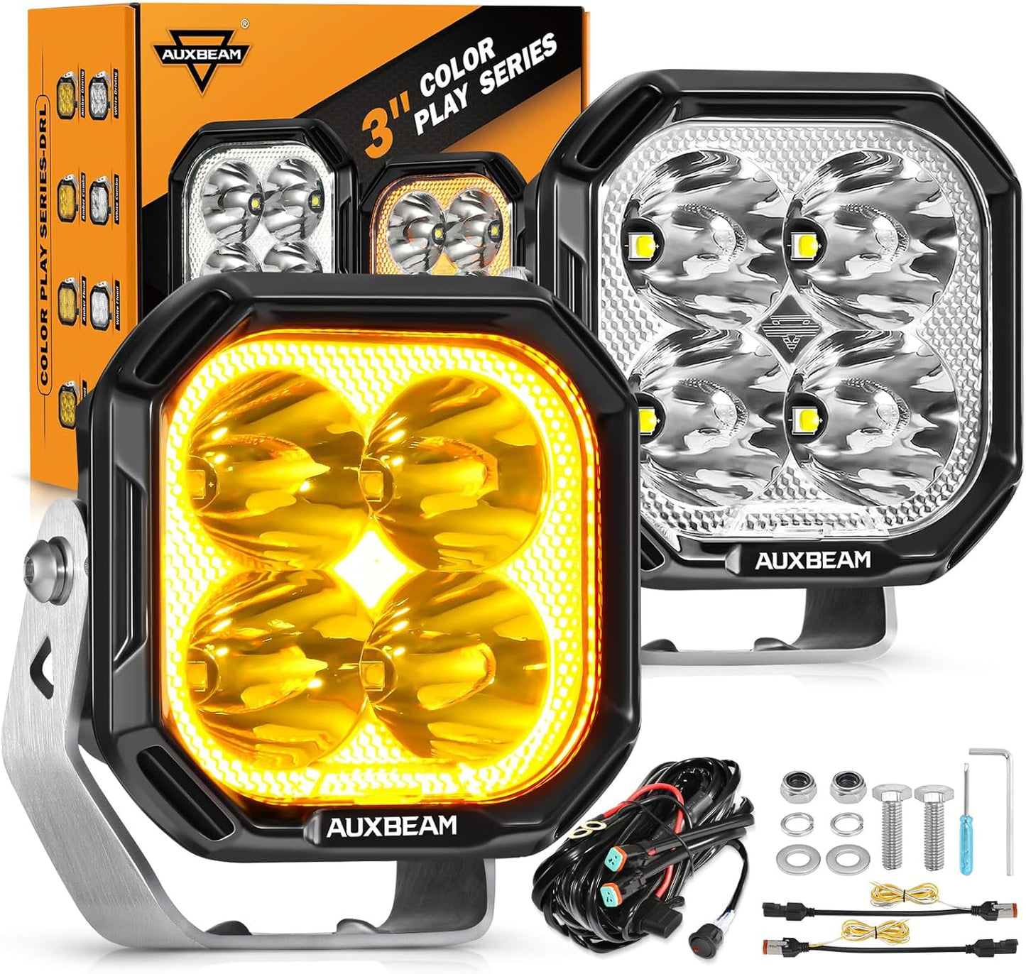 Color Play Series 3 Inch LED Pod Lights, 100W 11600LM Amber White LED Cube Spot Light Offroad Driving Ditch Lights with DRL & Turn Signal, Fog Lights for Trucks Jeep Ford UTV ATV, Pair