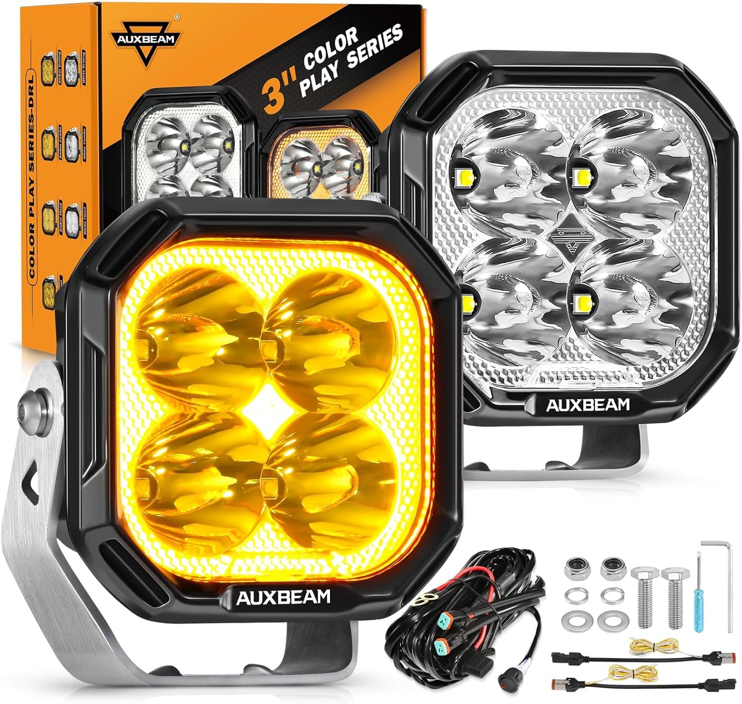 Color Play Series 3 Inch LED Pod Lights, 100W 11600LM Amber White LED Cube Spot Light Offroad Driving Ditch Lights with DRL & Turn Signal, Fog Lights for Trucks Jeep Ford UTV ATV, Pair