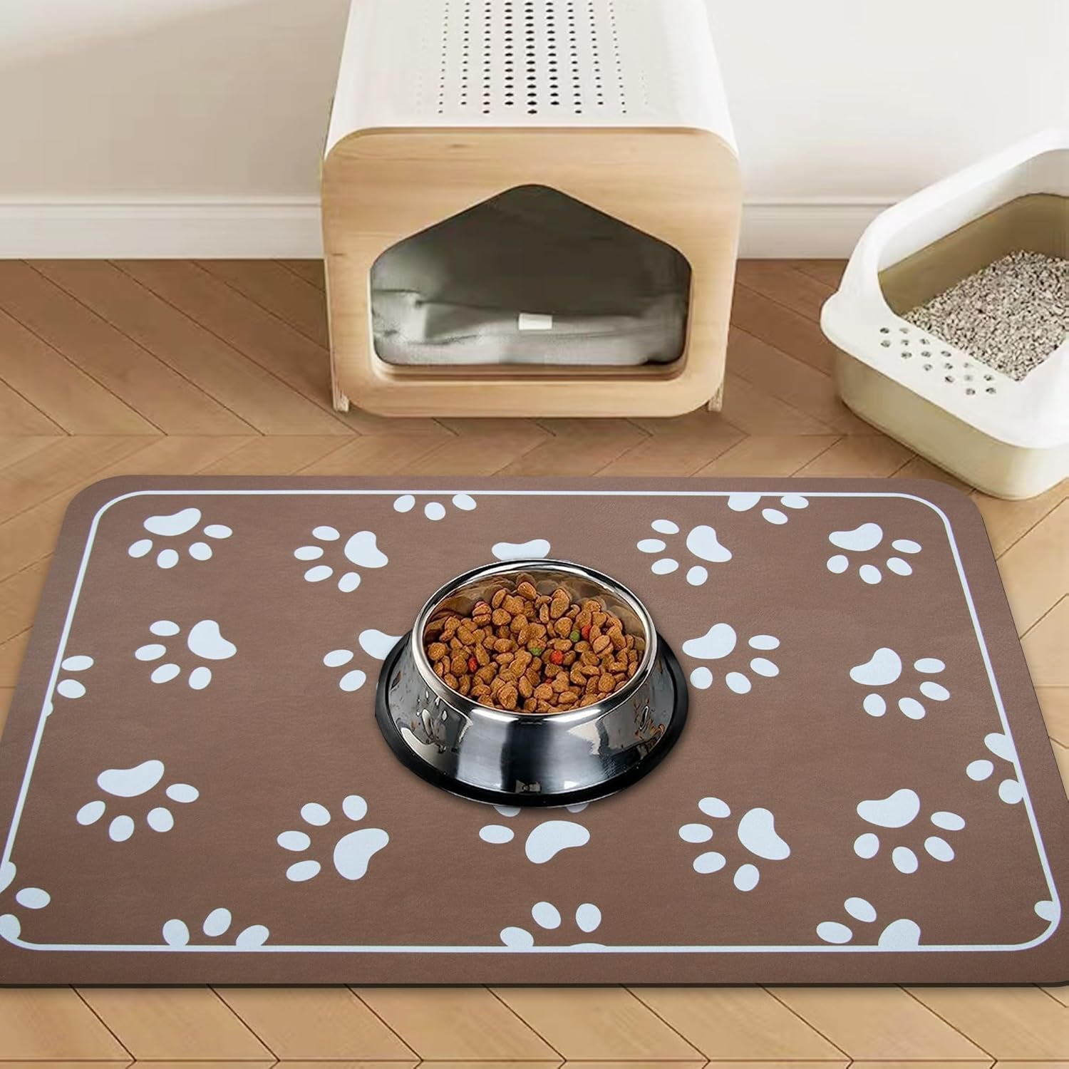 Dog Bowl Mat and Dog Feeding Mat, Dog Mat for Water Bowl, Absorbent Non-Slip Pet Water Bowl Mat Quick Drying Dog Food Mat Cat Matt for Food and Water(Brown+24.2X16.9In+Rectangular)