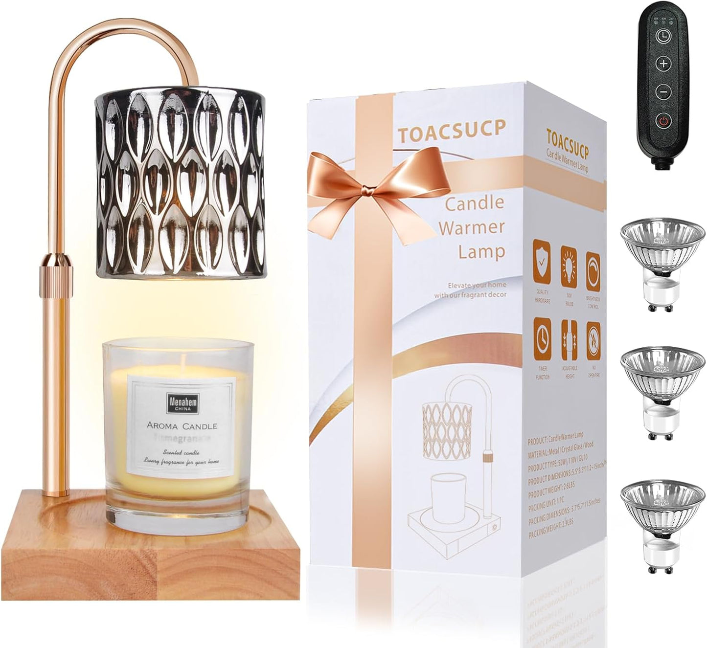 Candle Warmer Lamp with 3 Bulbs, Adjustable Height Dimmable Candle Warmer with Timer, Compatible with Large Jar Candles, Candle Lamp with Charming Gift Box Ribbon for Her/Him(Natural Wood)