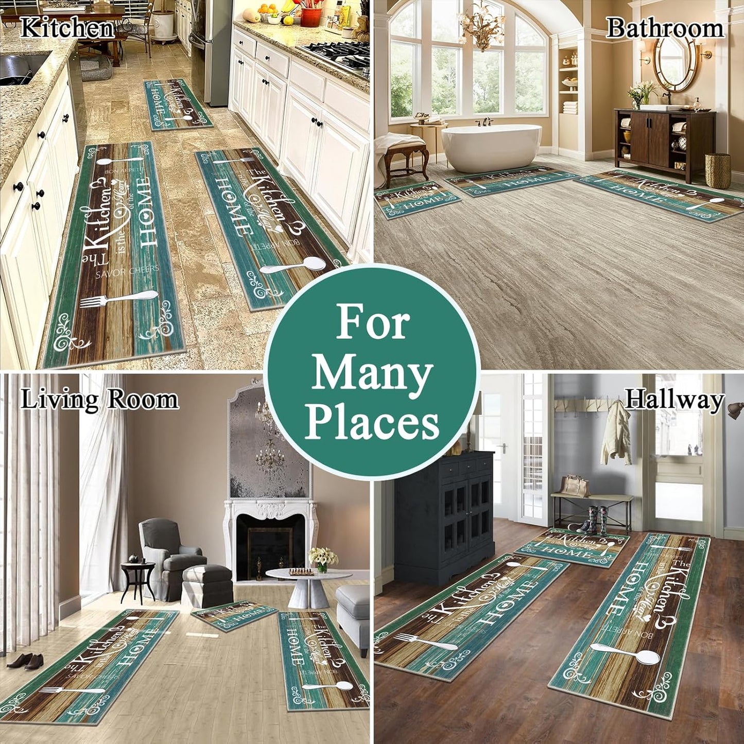 Boho Kitchen Rug Sets 3 Pieces, Washable Kitchen Mats for Floor, Non Slip Soft Kitchen Area Rug Floor Mat for Kitchen, Laundry Room and Hallway (Teal, 20''X32''+20''X47''+20''X59'')