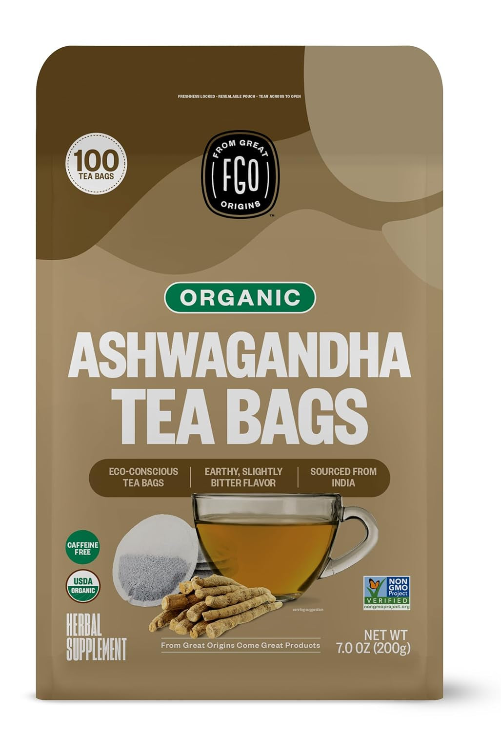 Organic Tulsi Holy Basil Tea, 100 Count, Eco-Conscious Herbal Tea Bags, Resealable Bag, Caffeine Free, Packaging May Vary (Pack of 1) TLBH