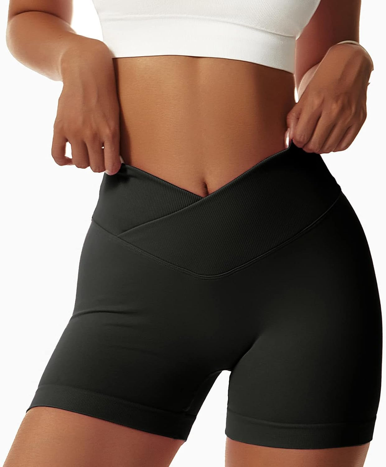 Women'S Gym Shorts V Cross High Waisted Yoga Shorts Push up Booty Scrunch Elastic Athletic Workout Biker Shorts