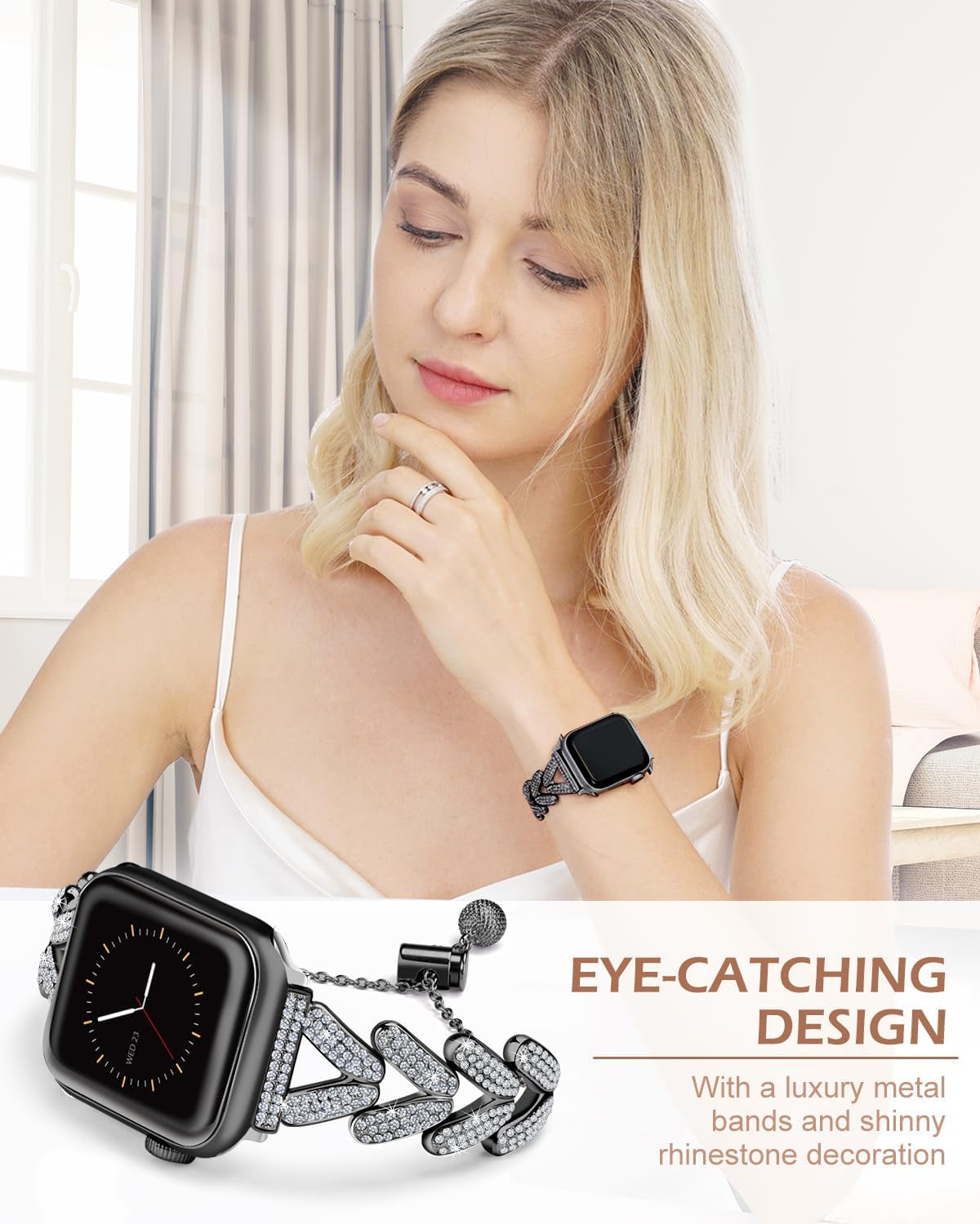 Bling Bracelet Compatible with 42Mm Apple Watch Band Women, Dressy Jewelry Diamond Rhinestone Slim Stainless Steel Metal Wristband Strap for 44Mm/45Mm/49Mm Iwatch Series SE/8/7/6/5/4/3/2/1