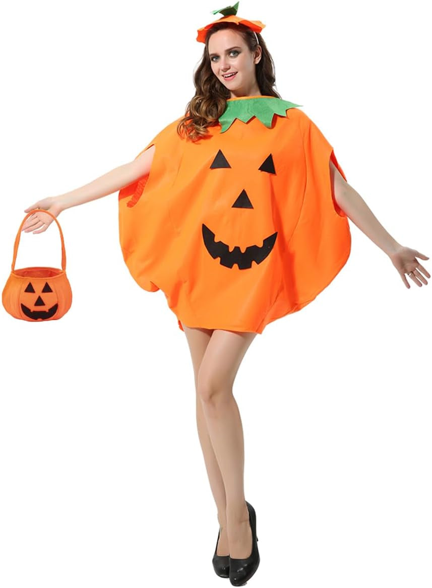 Adult Pumpkin Costume,3Pcs Halloween Unisex Pumpkin Cosplay Party Clothes with a Hat,A Bag