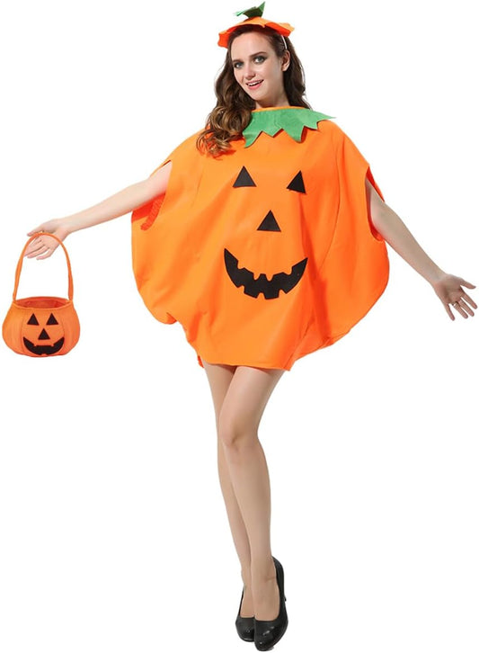 Adult Pumpkin Costume,3Pcs Halloween Unisex Pumpkin Cosplay Party Clothes with a Hat,A Bag