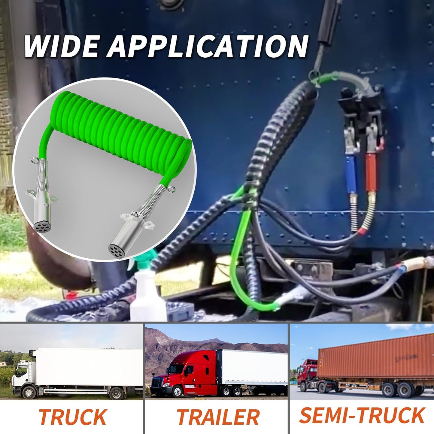 7 Way Coiled Trailer Cord 15 FT ABS Heavey Duty, Flexible -85°F Cold Resistance Electrical Power Cable Green for Semi Trailers Trucks Tractors, 4/12+2/10+1/8 Gauge Wire Cable TRUCK DRIVER