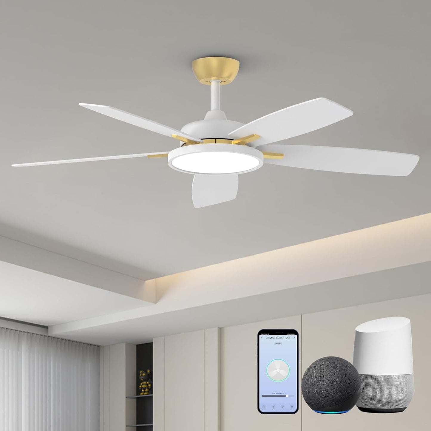 Ceiling Fans with Lights,Ultra Silent 52 Inch Smart Ceiling Fans with Dimmable LED Light Compatible with Google Home Alexa App Control(White Gold