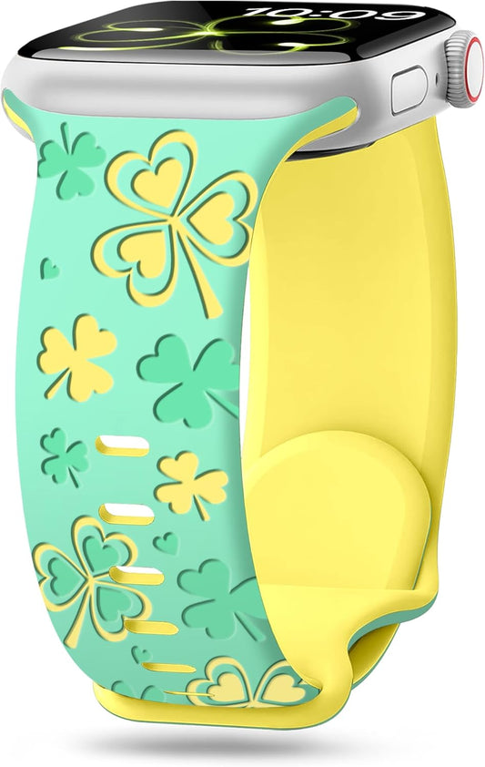 Shamrocks Lucky Clover Band for Apple Watch Bands for Women 42Mm 41Mm 40Mm 38Mm, St Patricks Day Cute Soft Silicone Iwatch Bands for Iphone Watch Bands Series 10 9 8 7 6 5 4 3 Se-Green(Yellow)