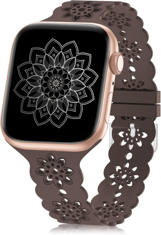 Floral Silicone Band Compatible with Apple Watch Bands 38Mm 40Mm 42Mm 44Mm 41Mm 45Mm 49Mm Women Men, Slim Hollow-Out Design Wristbands Soft Sport Breathable Watch Bands for Iwatch Ultra SE Series 9/8/7/6/5/4/3/2/1