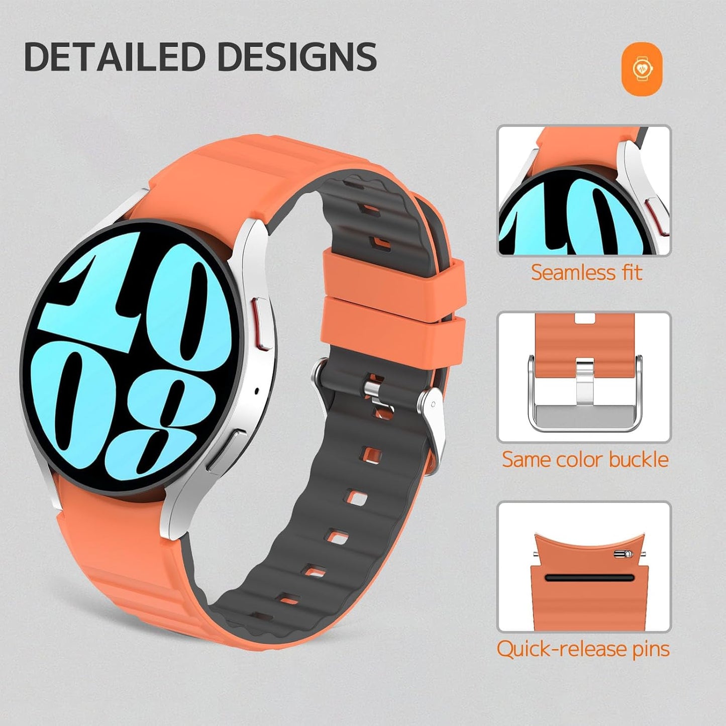 Compatible for Samsung Galaxy Watch 7 Band Galaxy Watch FE 6 5 4 3 Classic Band 40Mm 44Mm 45Mm 42Mm 46Mm 43Mm 47Mm 41Mm,Sport Silicone Galaxy Watch 6 Bands for Samsung Watch 7 Band Black Grey