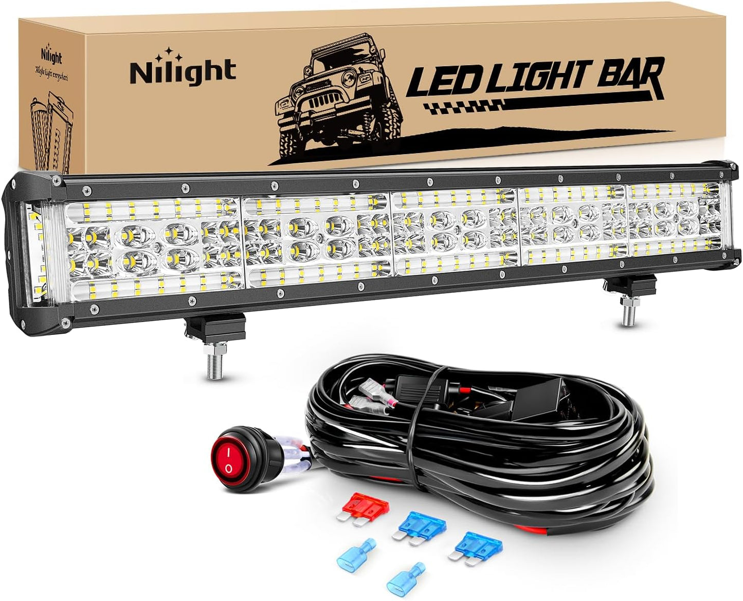 LED Light Bar 20Inch 288W Flood Spot Combo 28800LM off Road Driving Lighting with Wiring Harness for Trucks Tractor Trailer Pickup Golf Cart SUV ATV UTV 4X4 Van Camper