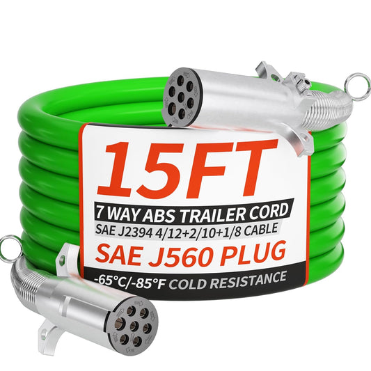 7 Way Trailer Cord 15 FT ABS Heavey Duty, Flexible -85°F Cold Resistance Straight Electrical Power Cable Green for Semi Trailers Trucks Tractors, 4/12+2/10+1/8 Gauge Wire Cable