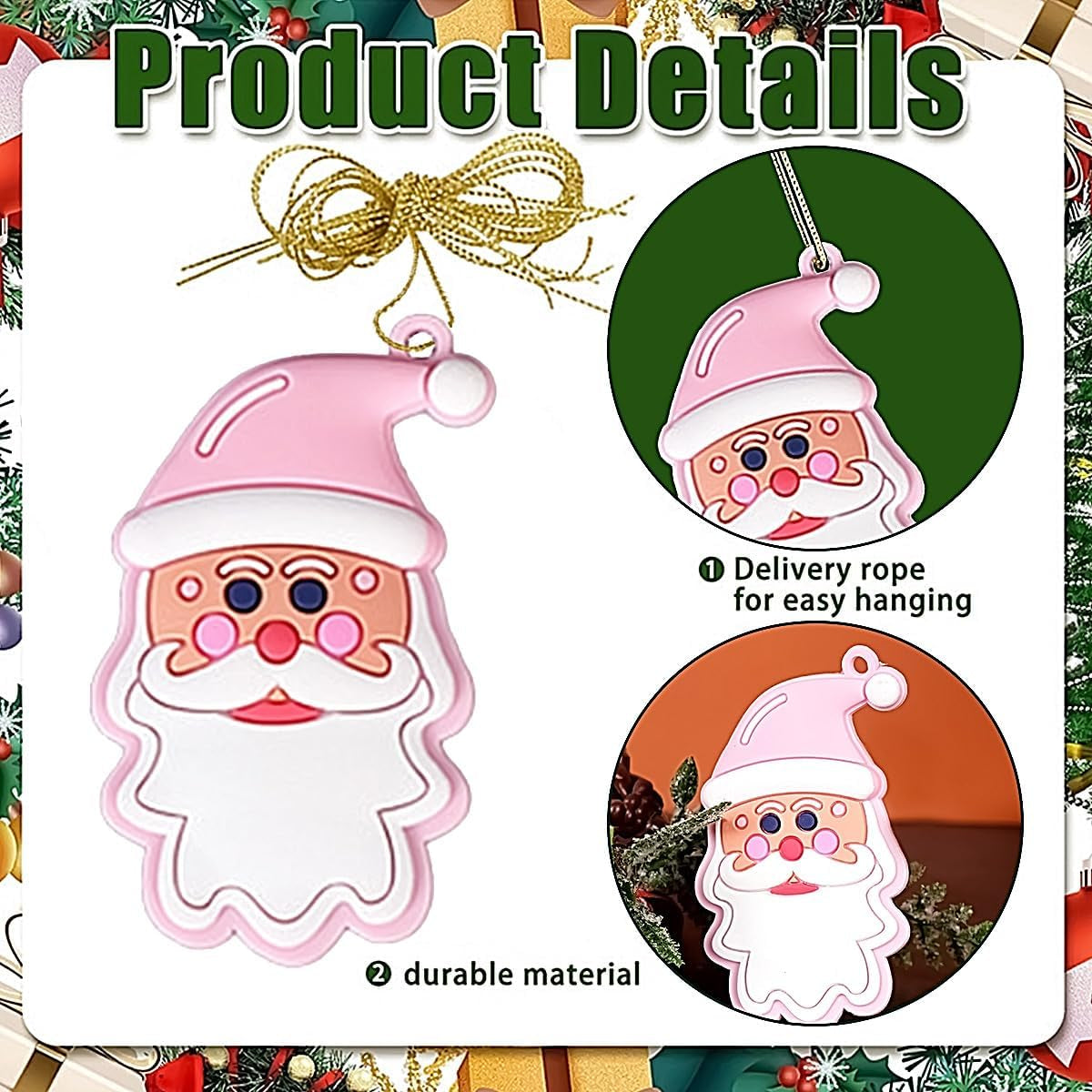 12 Pcs Pink Christmas Tree Hanging Ornament Cute Gingerbread Santa Claus Snowflake Decorations Figurines Christmas PVC Hanging Ornaments for Winter Xmas Holiday Party Favor Home Office Decor