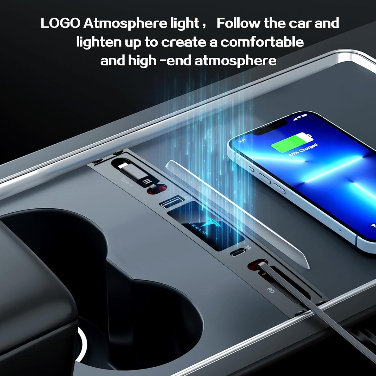 Car USB Charger Multi Port for 2021 2022 2023 Tesla Model 3/Y,Multifunctional Tesla Accessories with Logo and Retractable Cable,Tesla USB Hub 100% Fit Center Console Adapter,Gifts for Tesla Owners