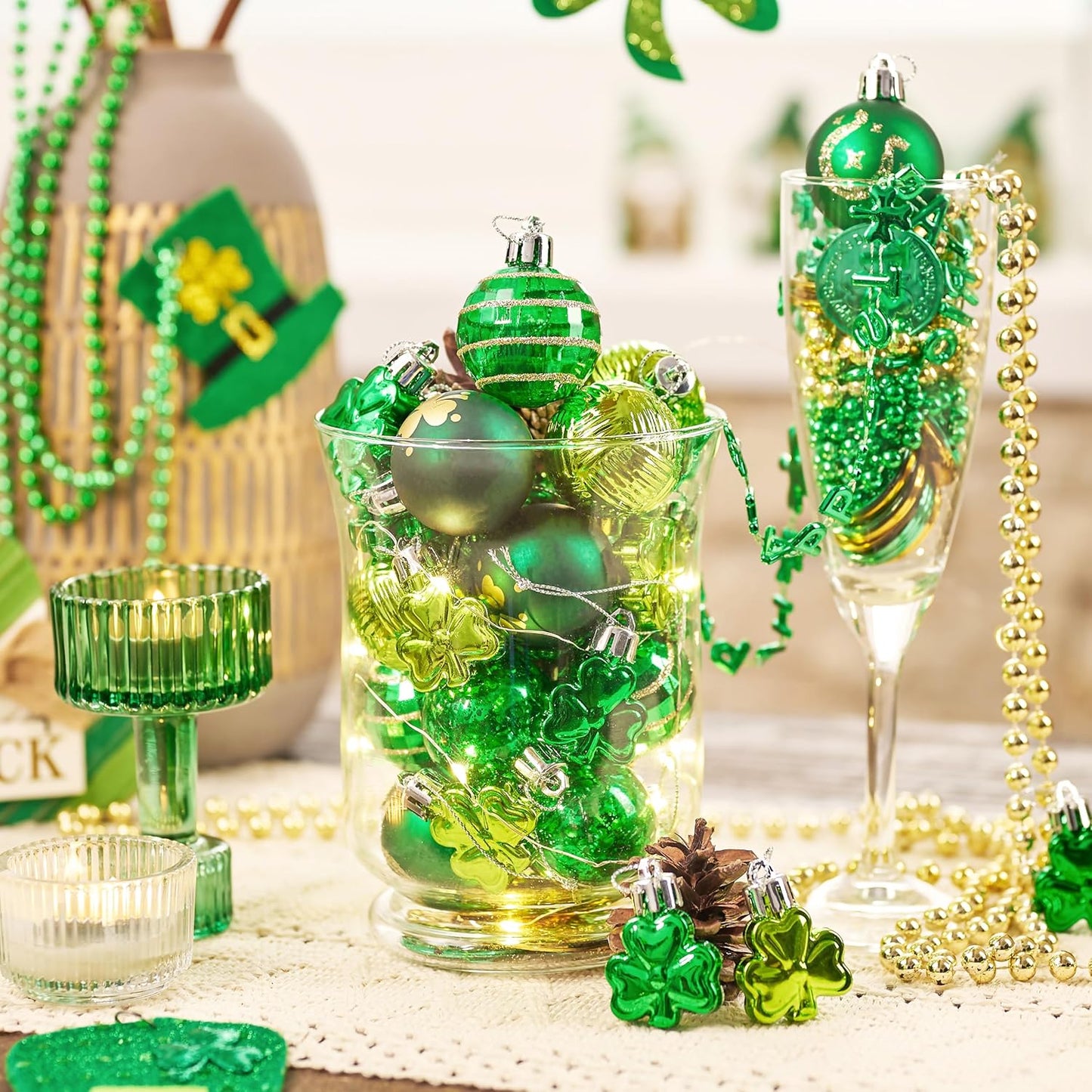 St Patricks Day Decorations Shamrock Tree Ornament Set, 28Ct 1.57Inch Hanging Ball Ornament Irish Festival Decor, Good Luck Clover Green Gold St. Patrick'S Ball for Party Home Spring