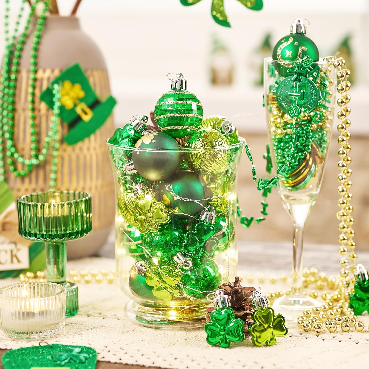 St Patricks Day Decorations Shamrock Tree Ornament Set, 28Ct 1.57Inch Hanging Ball Ornament Irish Festival Decor, Good Luck Clover Green Gold St. Patrick'S Ball for Party Home Spring