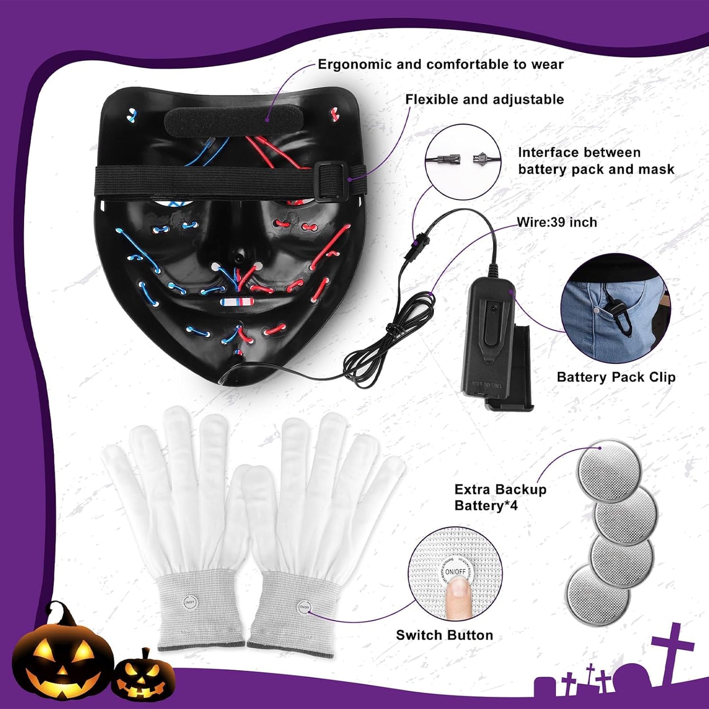 Halloween Mask Skeleton Gloves Set, 3 Modes Light up Scary LED Mask with LED Glow Gloves, Halloween Decorations Anonymous Carnival Costumes Glow Purge Masks for Boys Girl