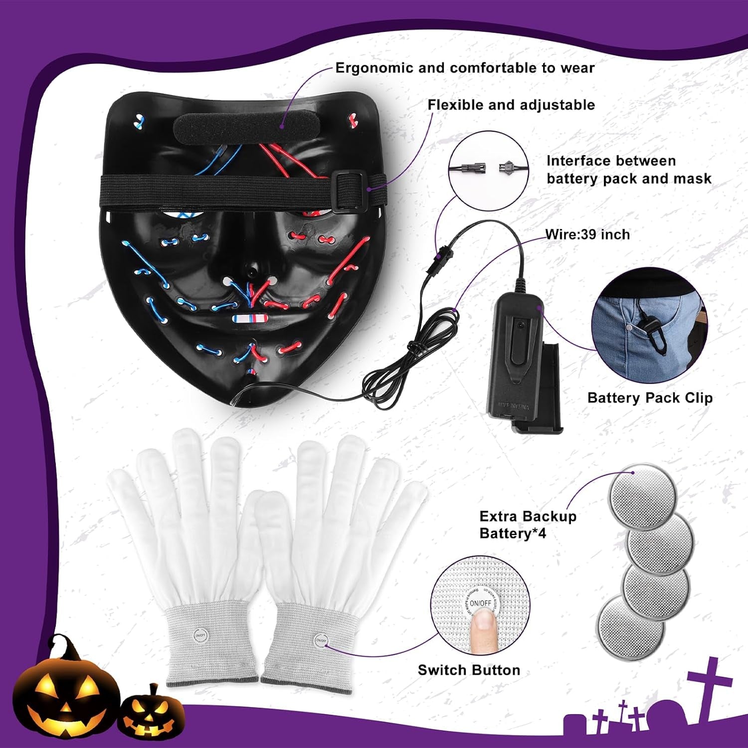 Halloween Mask Skeleton Gloves Set, 3 Modes Light up Scary LED Mask with LED Glow Gloves, Halloween Decorations Anonymous Carnival Costumes Glow Purge Masks for Boys Girl