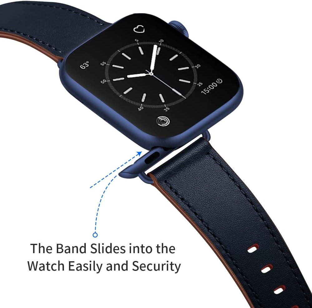 Compatible with Apple Watch Band 42Mm(Series 10) 41Mm 40Mm 38Mm, Genuine Leather Band Replacement Strap Compatible with Apple Watch (Black/Black+Dark Blue/Blue)