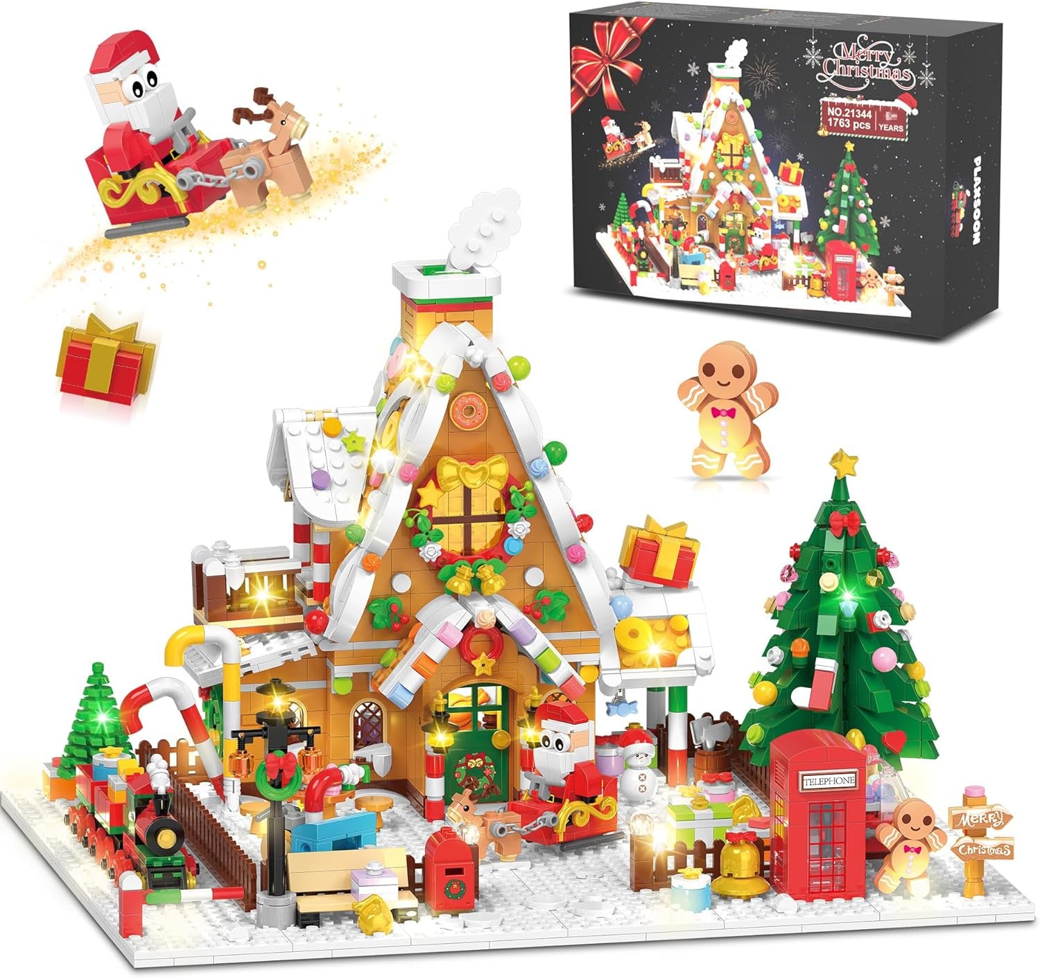 Christmas Gingerbread House Mini Building Set with LED Light, 1763 PCS Christmas Courtyard Building Block Toy with Santa Claus Xmas Tree Train Home Decor, Gift for Adult Kids Girls Boys 10+